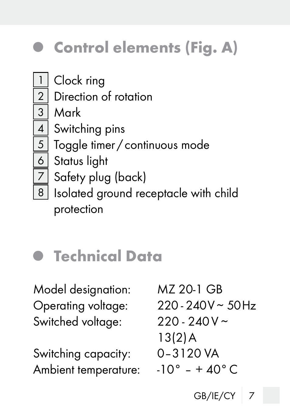 Control elements (fig. a), Technical data | Silvercrest MZ 20-1 User Manual | Page 7 / 31