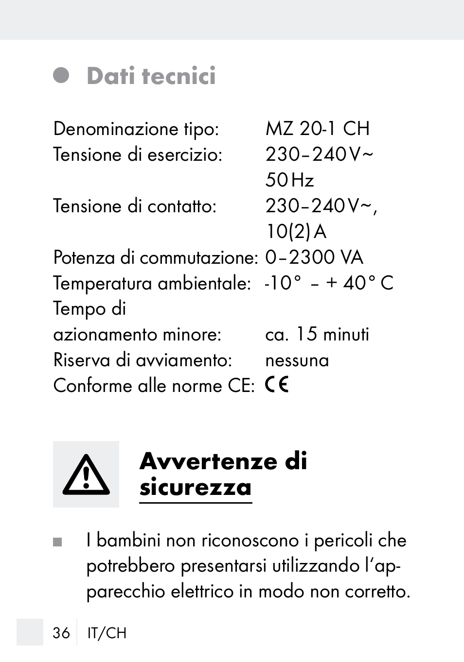 Dati tecnici, Avvertenze di sicurezza | Silvercrest MZ 20-1 User Manual | Page 36 / 61