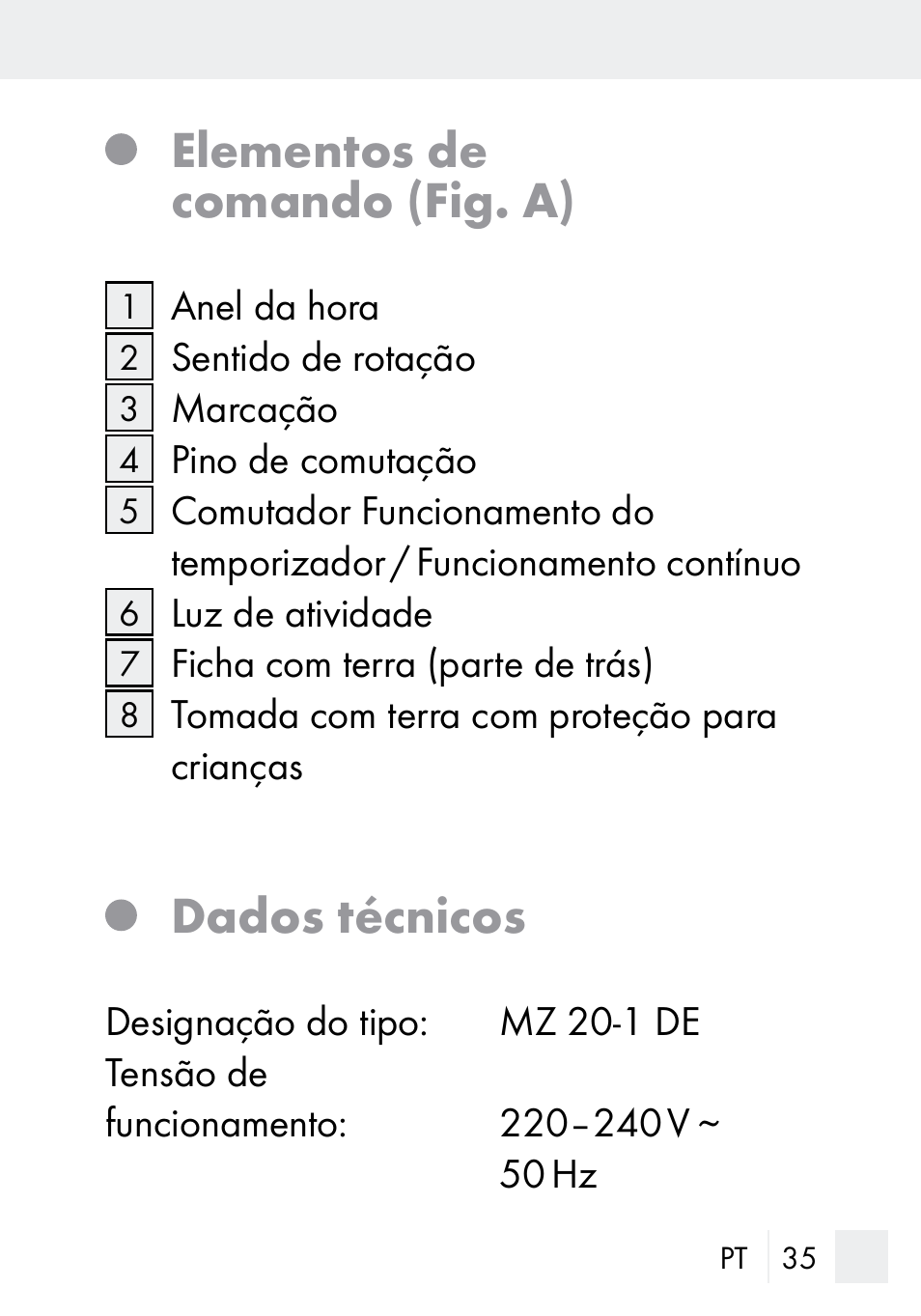 Elementos de comando (fig. a), Dados técnicos | Silvercrest MZ 20-1 User Manual | Page 35 / 73