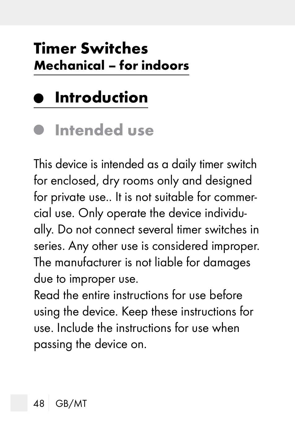 Timer switches, Introduction intended use | Silvercrest MZ 20-1 User Manual | Page 48 / 73