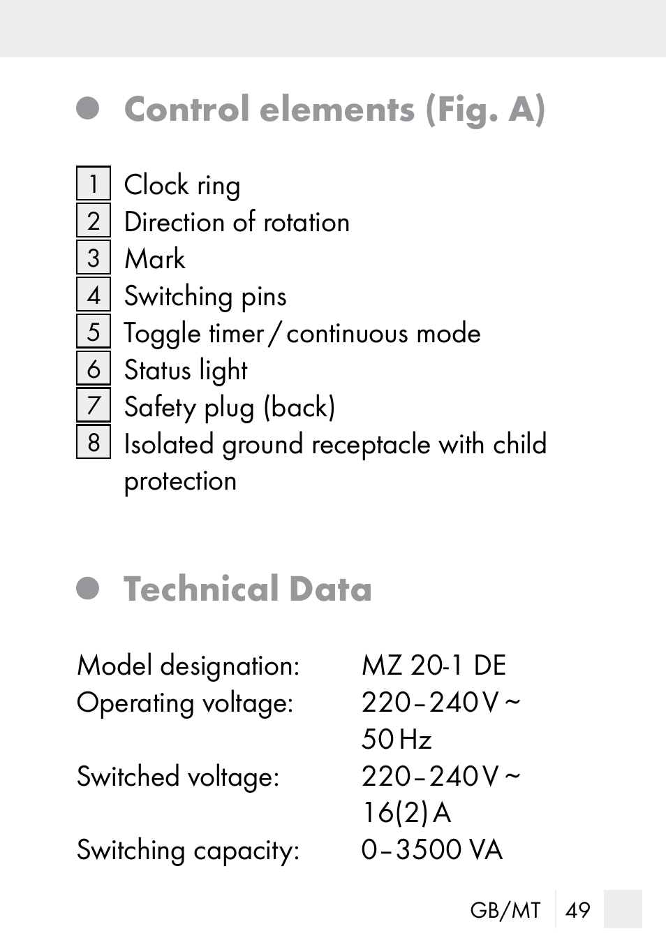 Control elements (fig. a), Technical data | Silvercrest MZ 20-1 User Manual | Page 49 / 73