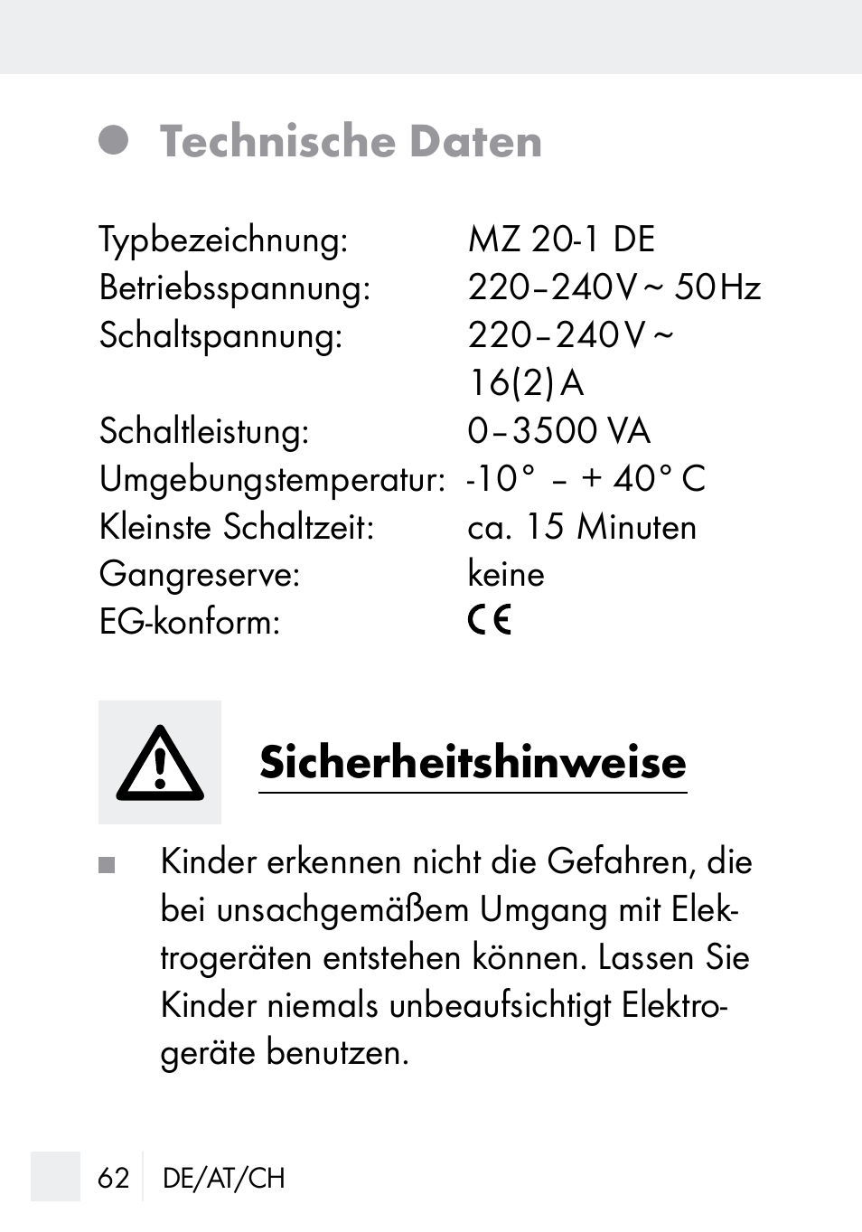 Technische daten, Sicherheitshinweise | Silvercrest MZ 20-1 User Manual | Page 62 / 73