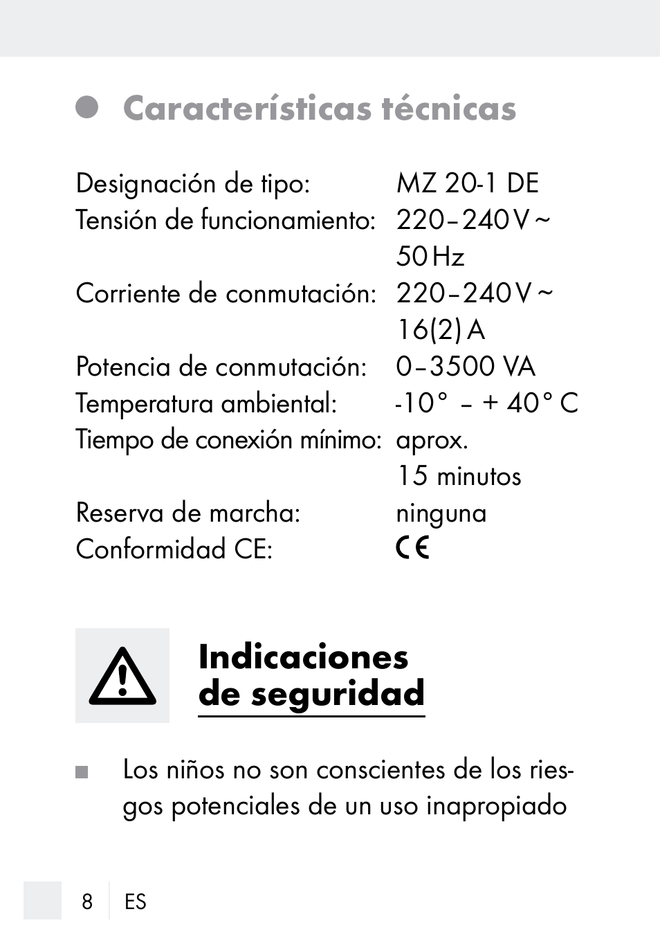 Características técnicas, Indicaciones de seguridad | Silvercrest MZ 20-1 User Manual | Page 8 / 73