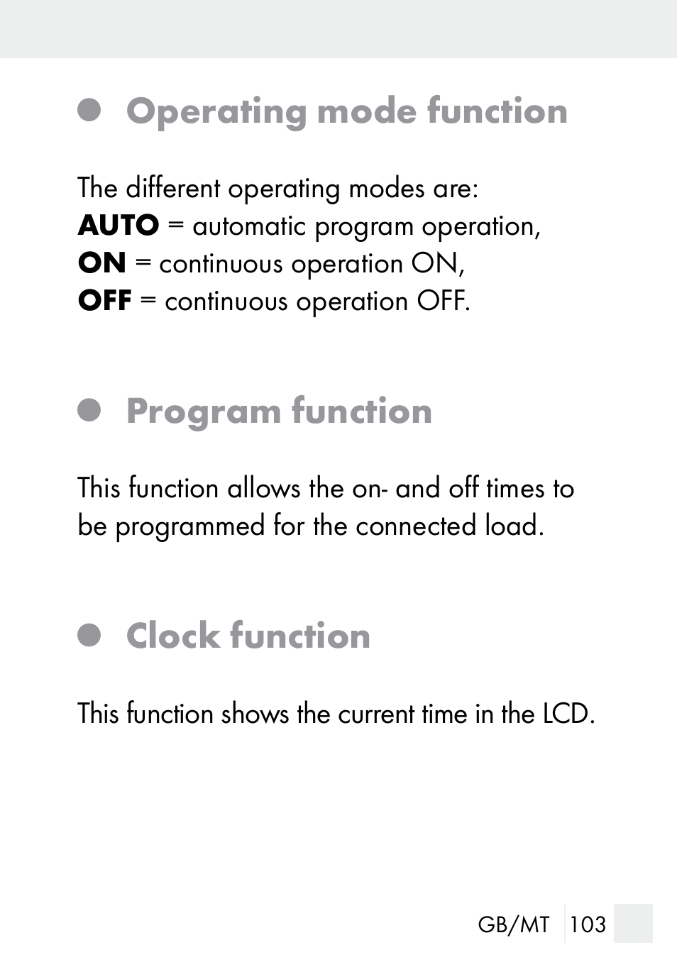Operating mode function, Program function, Clock function | Silvercrest DZ 20 User Manual | Page 103 / 149