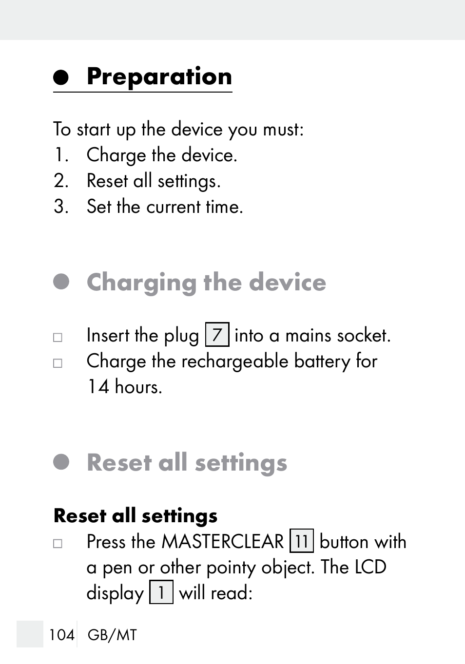Preparation, Charging the device, Reset all settings | Silvercrest DZ 20 User Manual | Page 104 / 149
