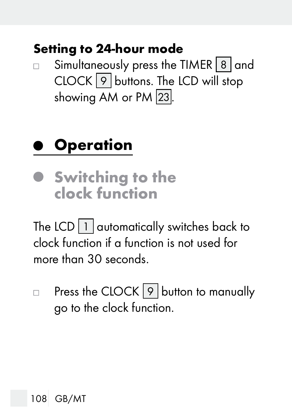 Operation switching to the clock function | Silvercrest DZ 20 User Manual | Page 108 / 149
