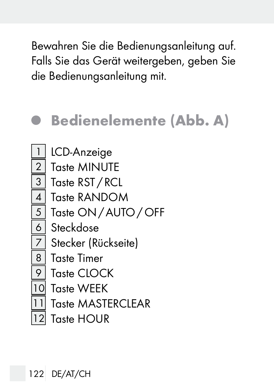 Bedienelemente (abb. a) | Silvercrest DZ 20 User Manual | Page 122 / 149
