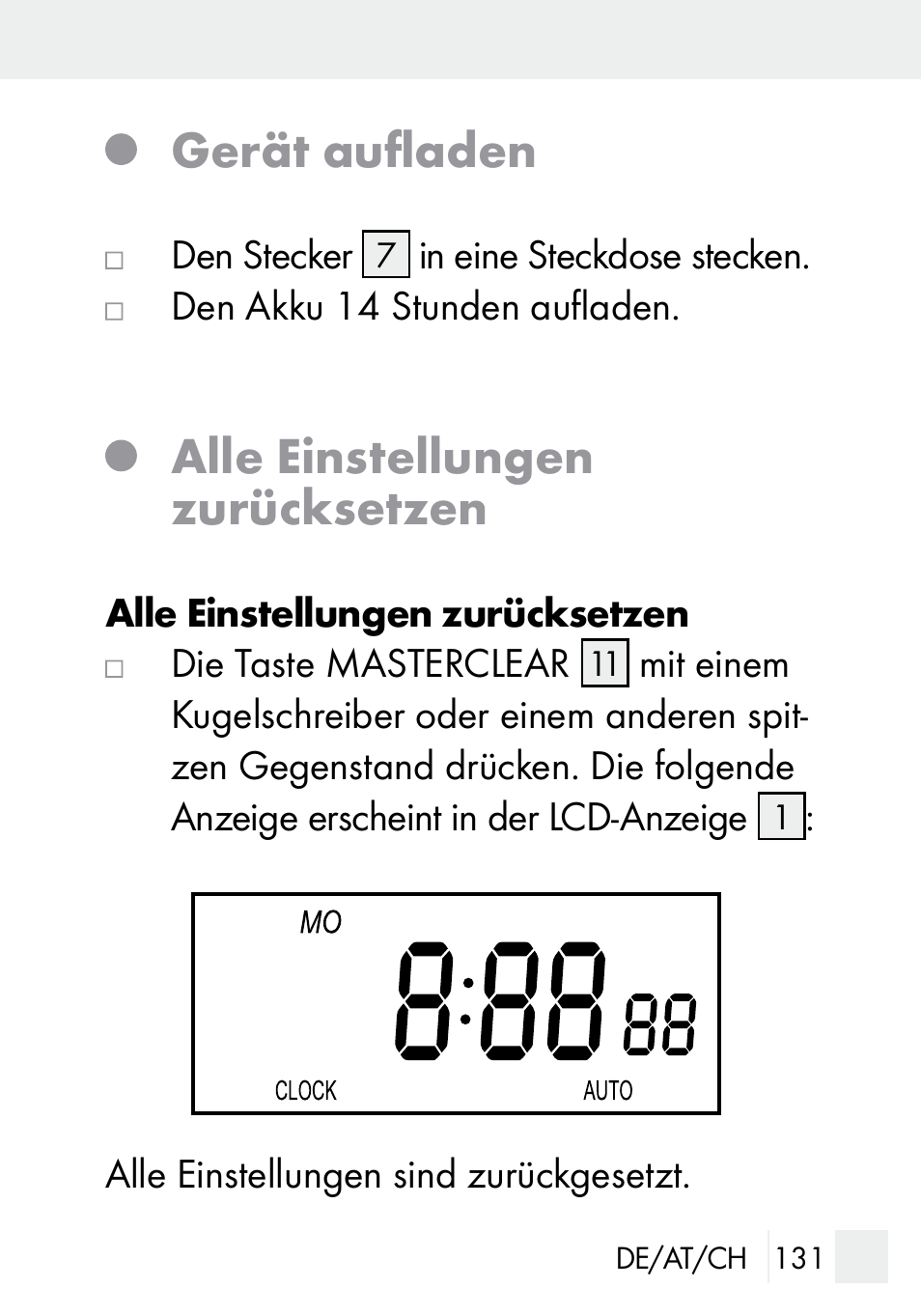 Gerät aufladen, Alle einstellungen zurücksetzen | Silvercrest DZ 20 User Manual | Page 131 / 149