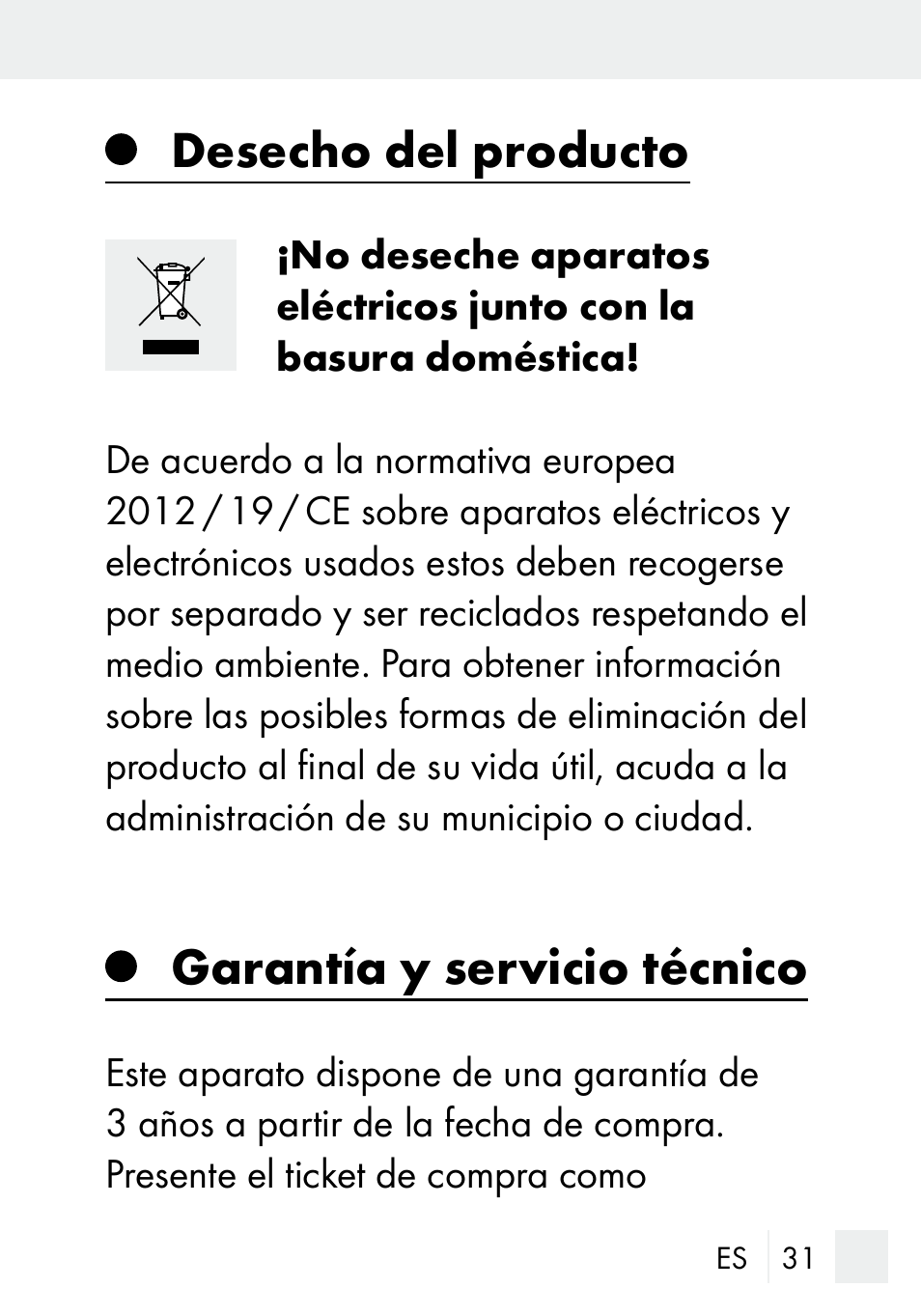 Desecho del producto, Garantía y servicio técnico | Silvercrest DZ 20 User Manual | Page 31 / 149
