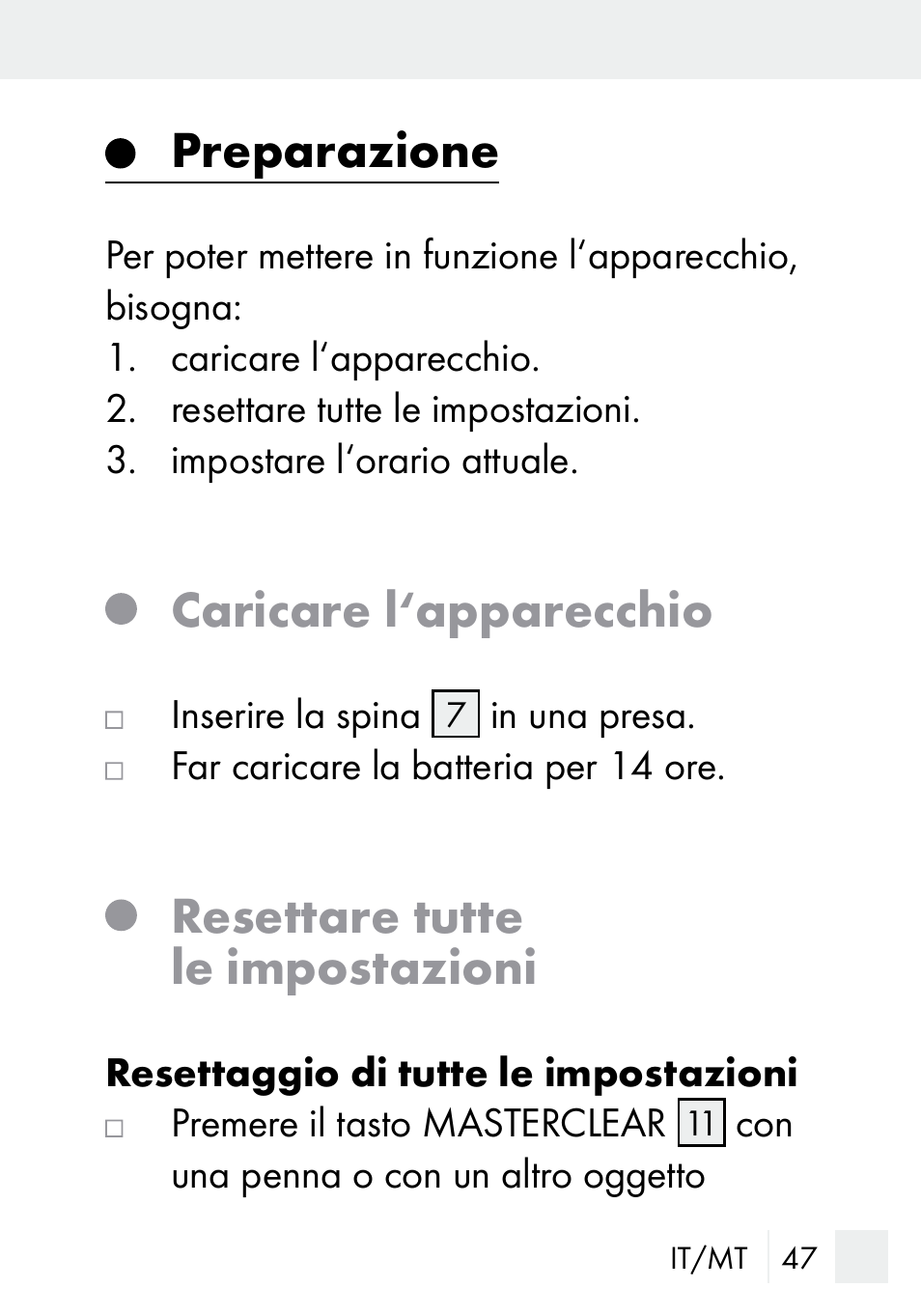 Preparazione, Caricare l‘apparecchio, Resettare tutte le impostazioni | Silvercrest DZ 20 User Manual | Page 47 / 149