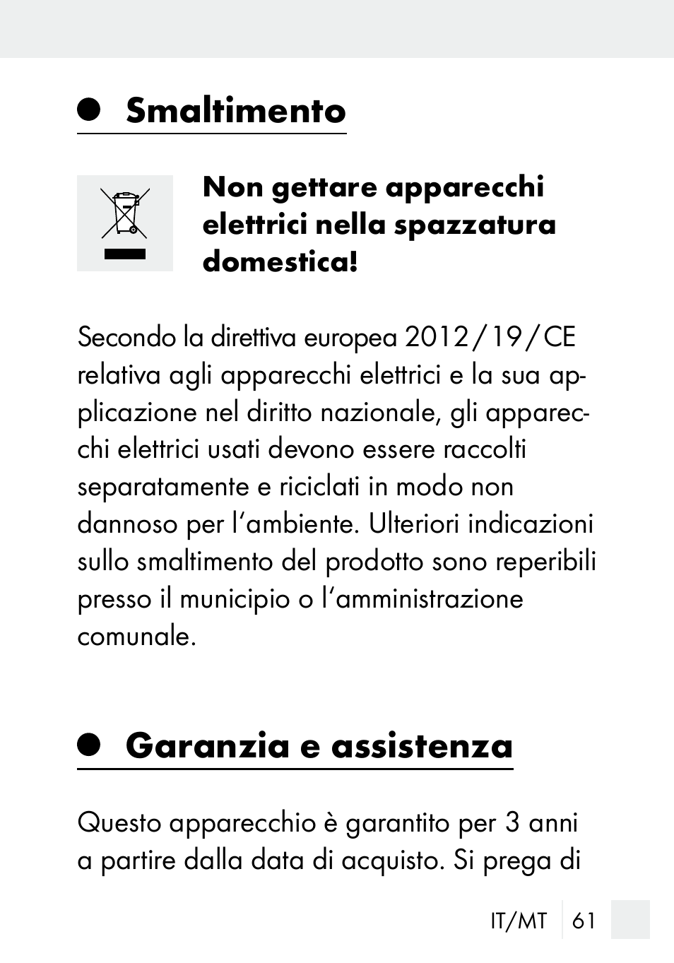 Smaltimento, Garanzia e assistenza | Silvercrest DZ 20 User Manual | Page 61 / 149