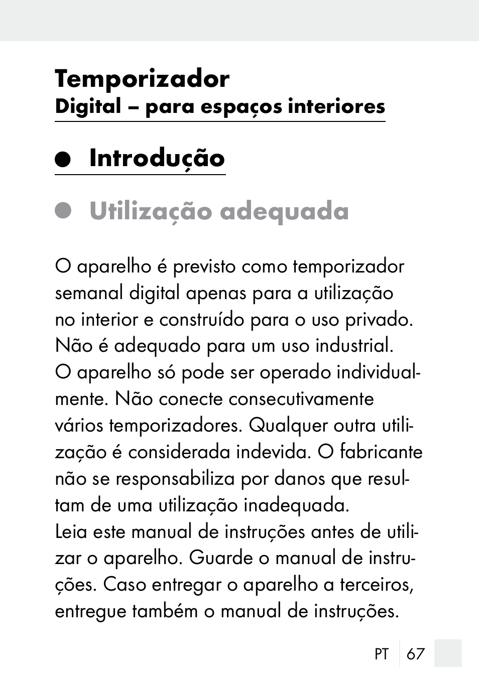 Temporizador, Introdução utilização adequada | Silvercrest DZ 20 User Manual | Page 67 / 149