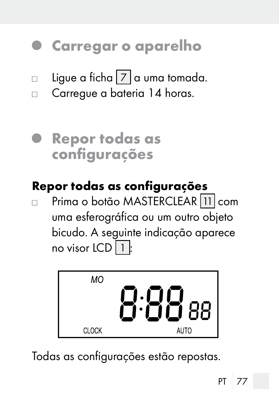 Carregar o aparelho, Repor todas as configurações | Silvercrest DZ 20 User Manual | Page 77 / 149