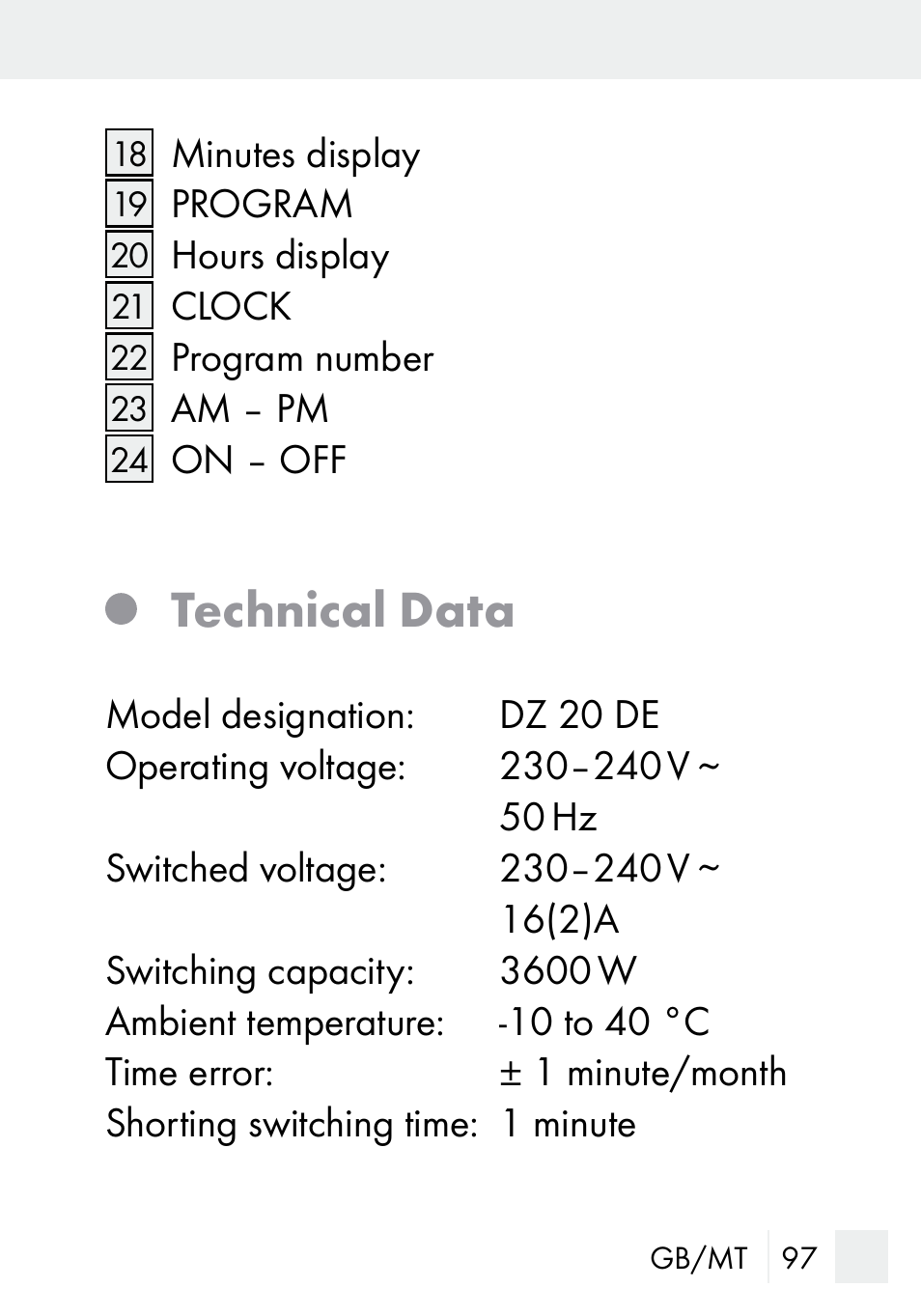Technical data | Silvercrest DZ 20 User Manual | Page 97 / 149