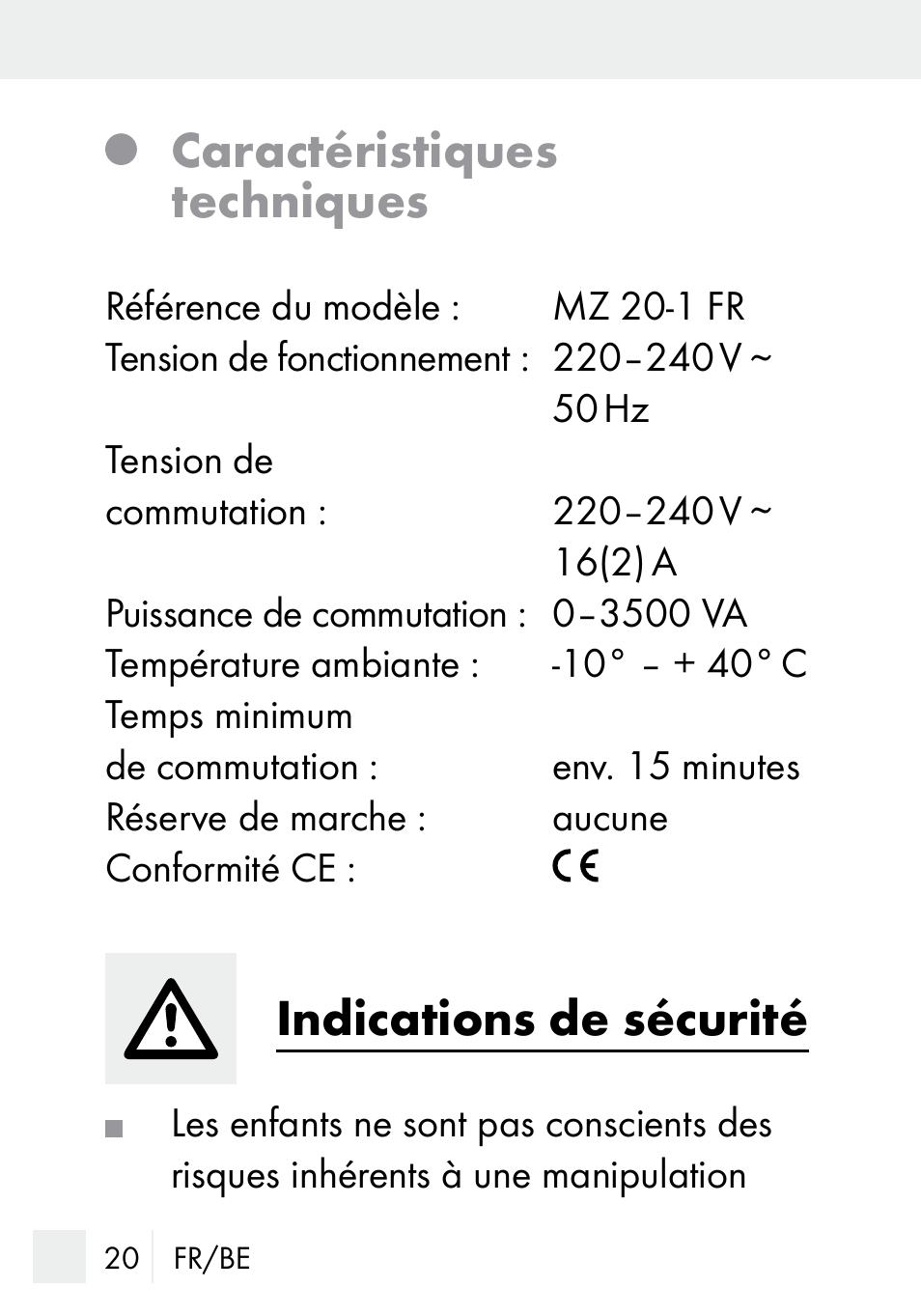 Caractéristiques techniques, Indications de sécurité | Silvercrest MZ 20-1 User Manual | Page 20 / 61