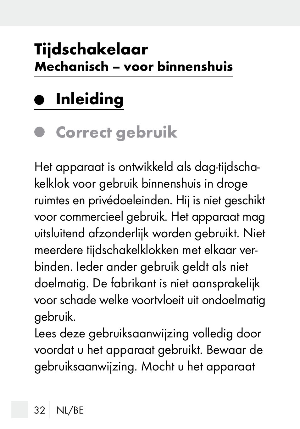 Tijdschakelaar, Inleiding correct gebruik | Silvercrest MZ 20-1 User Manual | Page 32 / 61