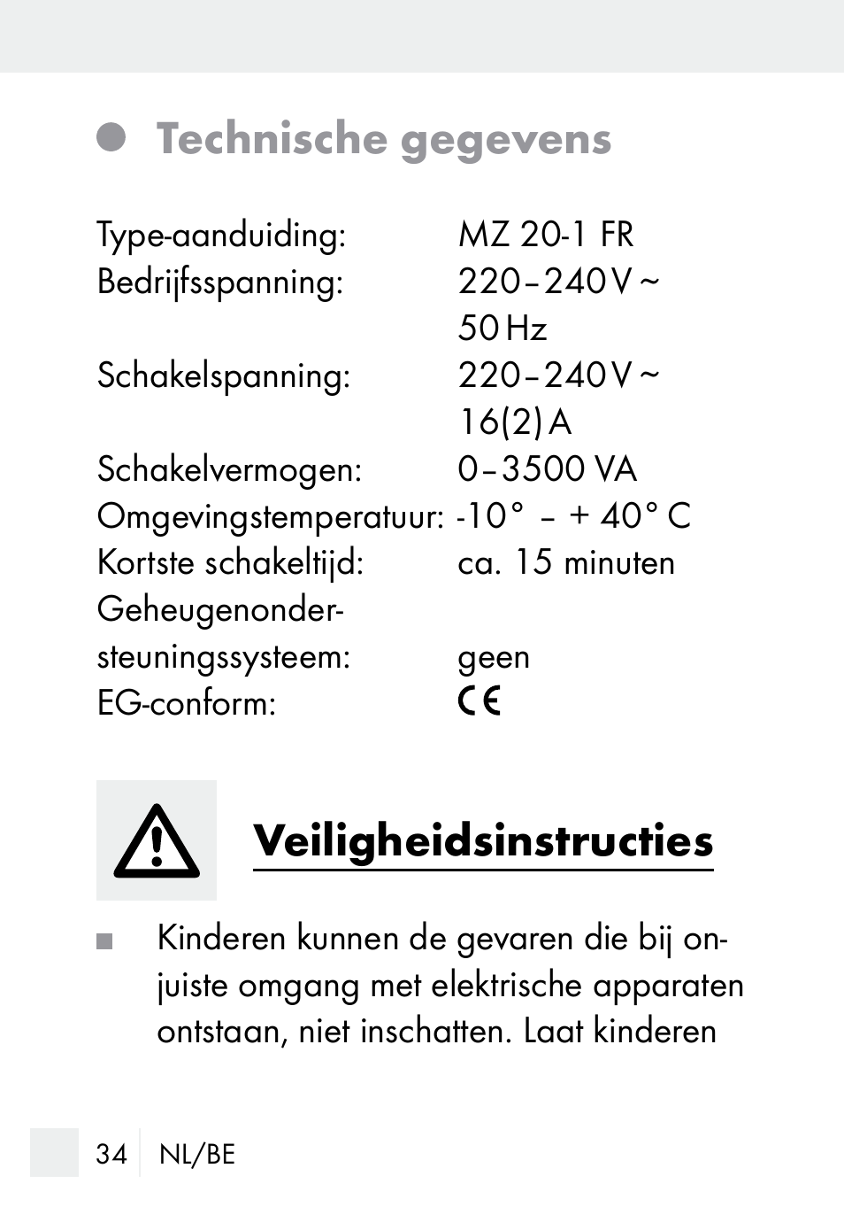 Technische gegevens, Veiligheidsinstructies | Silvercrest MZ 20-1 User Manual | Page 34 / 61