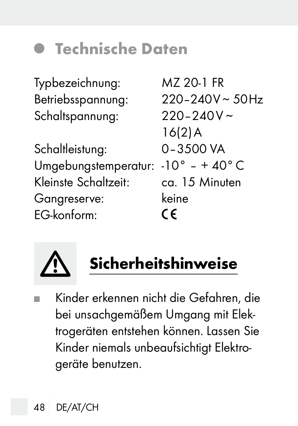 Technische daten, Sicherheitshinweise | Silvercrest MZ 20-1 User Manual | Page 48 / 61