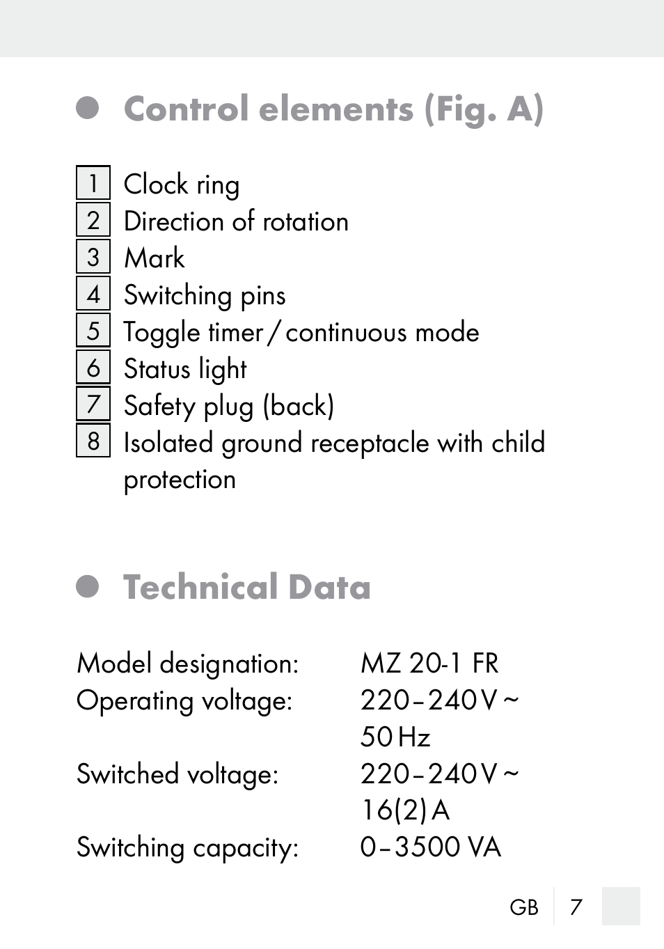 Control elements (fig. a), Technical data | Silvercrest MZ 20-1 User Manual | Page 7 / 61