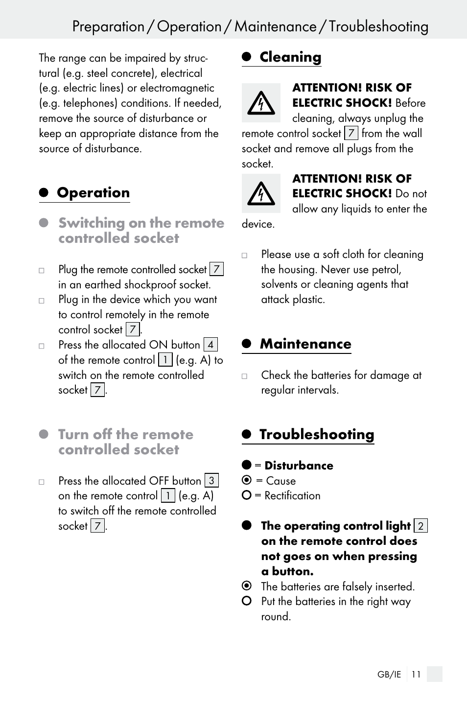 Turn off the remote controlled socket, Cleaning, Maintenance | Troubleshooting | Silvercrest WIRELESS SOCKET SET User Manual | Page 11 / 15