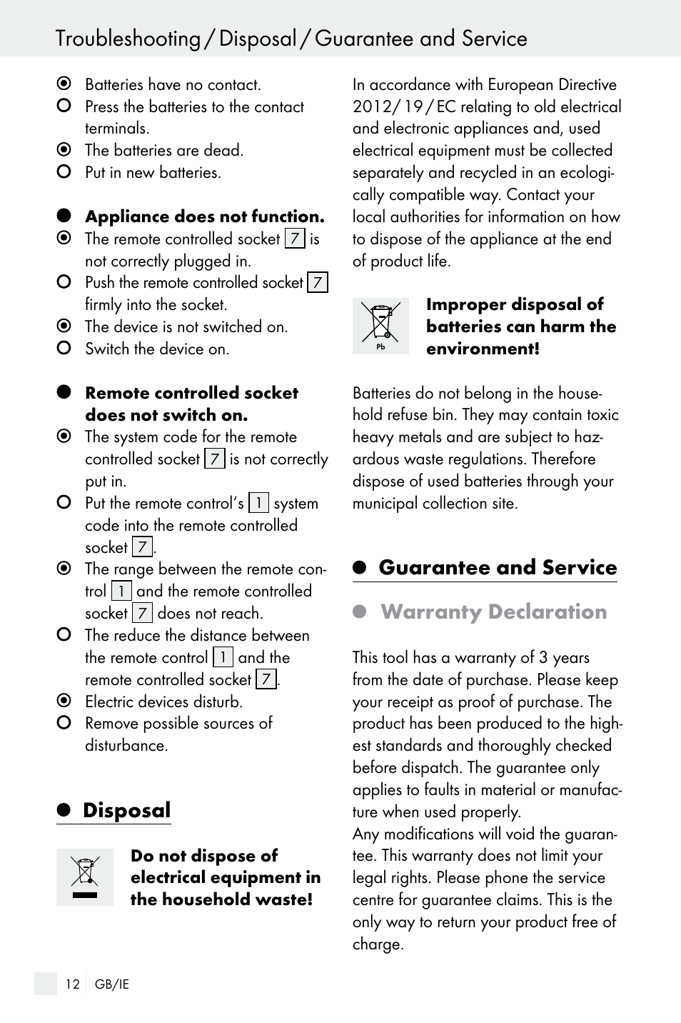 Troubleshooting / disposal / guarantee and service, Disposal, Guarantee and service warranty declaration | Silvercrest WIRELESS SOCKET SET User Manual | Page 12 / 15