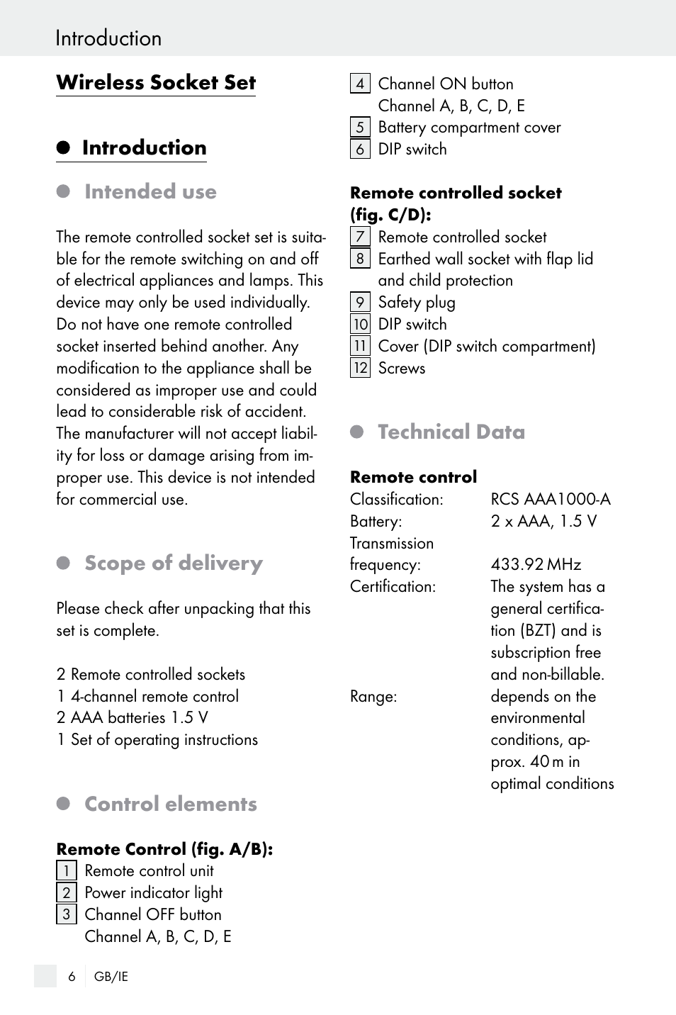 Introduction, Wireless socket set introduction intended use, Scope of delivery | Control elements, Technical data | Silvercrest WIRELESS SOCKET SET User Manual | Page 6 / 15