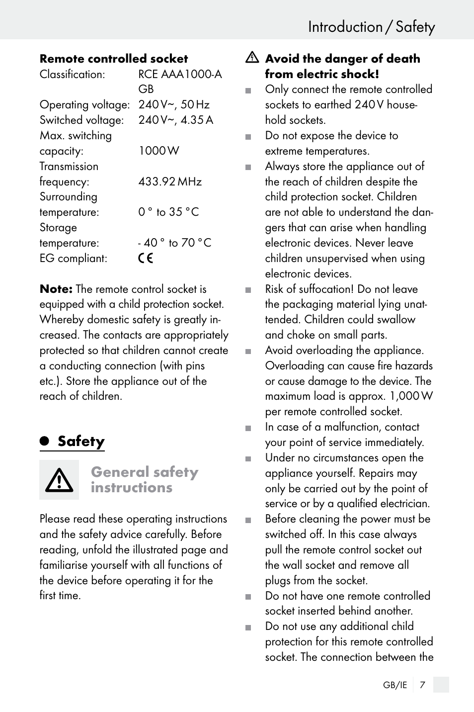 Introduction / safety, Safety general safety instructions | Silvercrest WIRELESS SOCKET SET User Manual | Page 7 / 15