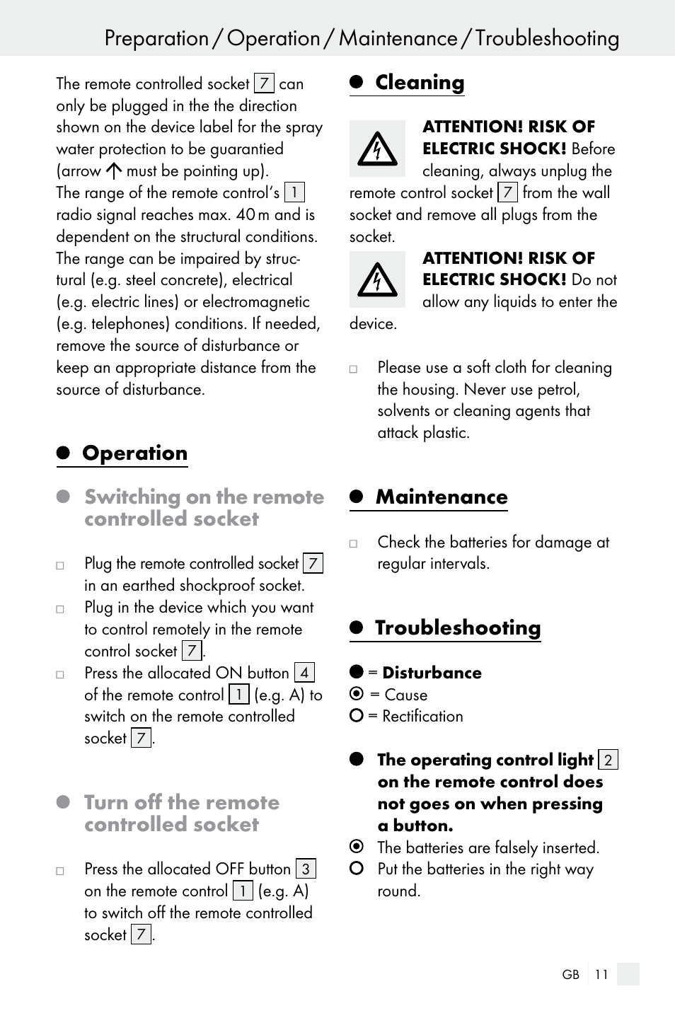 Turn off the remote controlled socket, Cleaning, Maintenance | Troubleshooting | Silvercrest WIRELESS SOCKET SET User Manual | Page 11 / 45