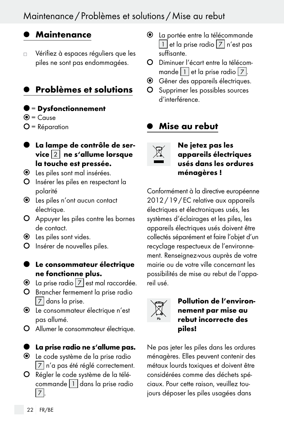 Maintenance, Problèmes et solutions, Mise au rebut | Silvercrest WIRELESS SOCKET SET User Manual | Page 22 / 45