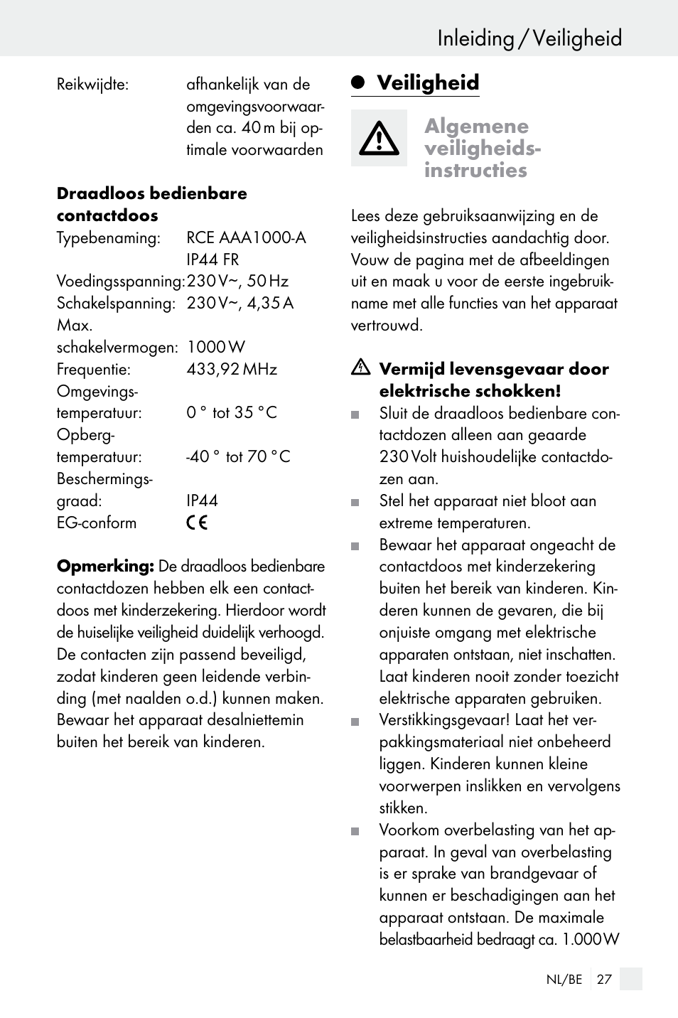 Inleiding / veiligheid, Veiligheid algemene veiligheids- instructies | Silvercrest WIRELESS SOCKET SET User Manual | Page 27 / 45