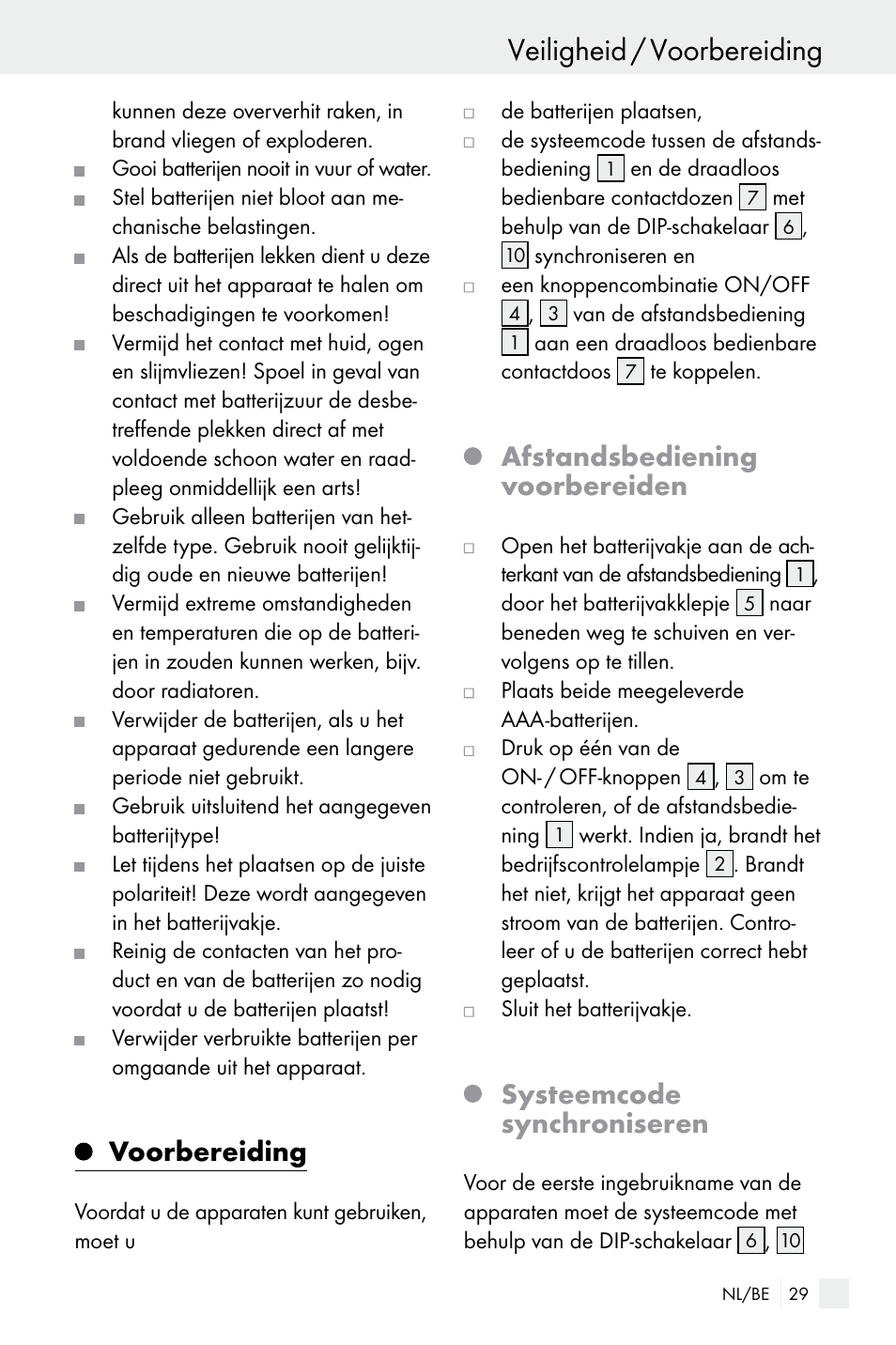 Veiligheid / voorbereiding, Voorbereiding, Afstandsbediening voorbereiden | Systeemcode synchroniseren | Silvercrest WIRELESS SOCKET SET User Manual | Page 29 / 45