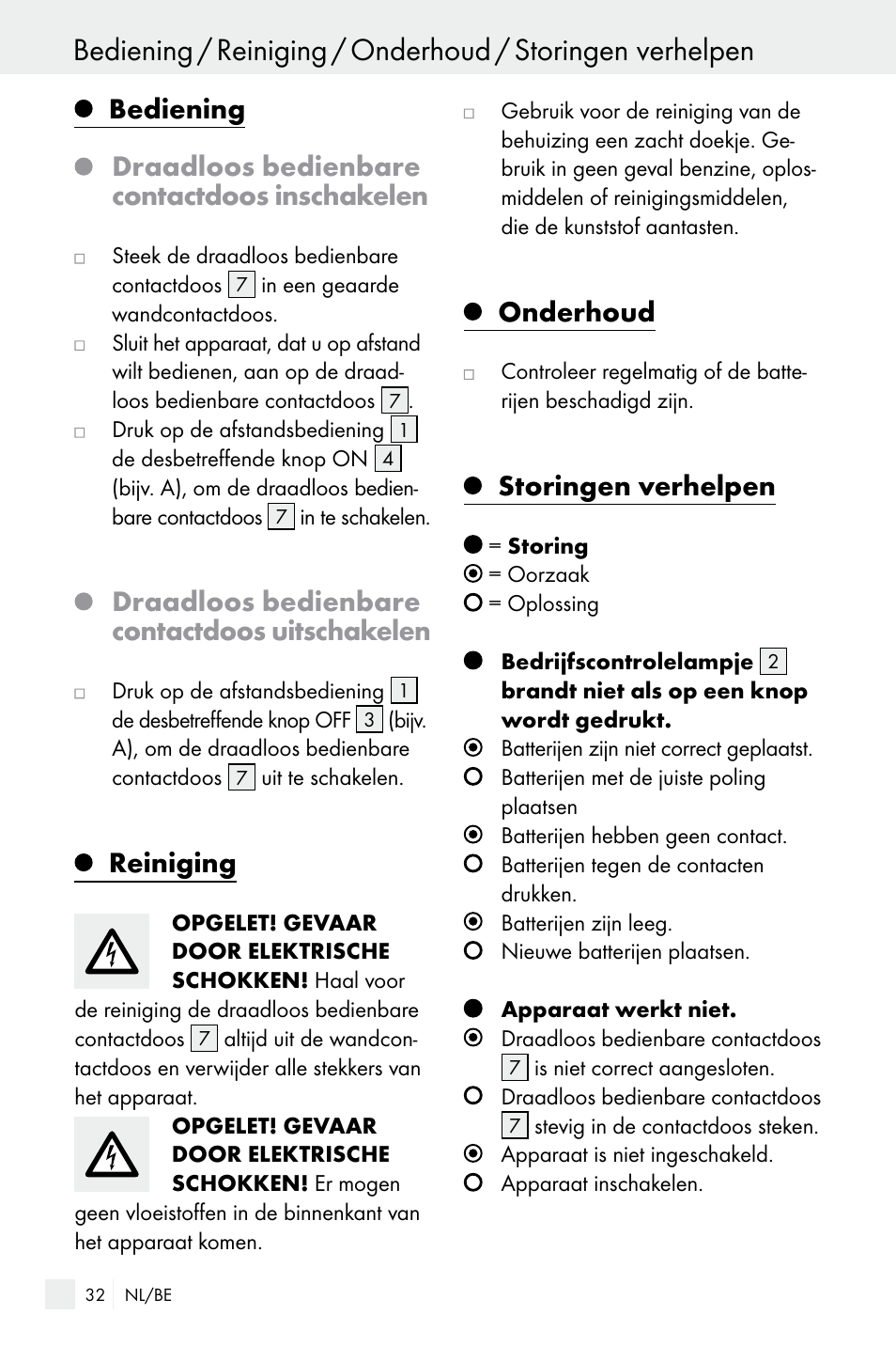 Draadloos bedienbare contactdoos uitschakelen, Reiniging, Onderhoud | Storingen verhelpen | Silvercrest WIRELESS SOCKET SET User Manual | Page 32 / 45