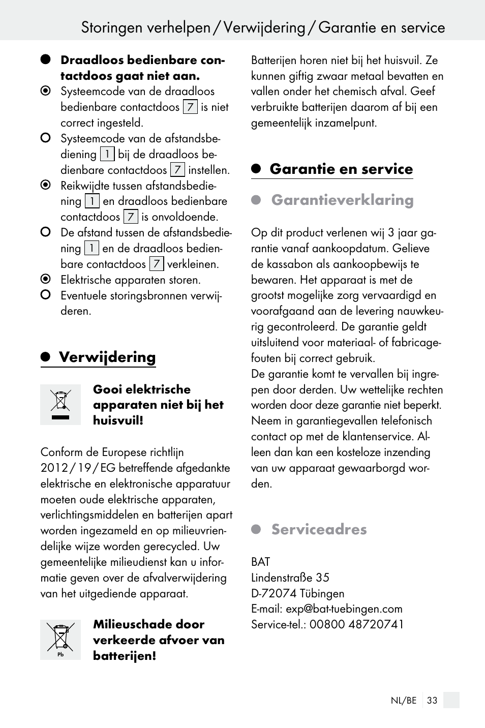 Verwijdering, Garantie en service garantieverklaring, Serviceadres | Silvercrest WIRELESS SOCKET SET User Manual | Page 33 / 45