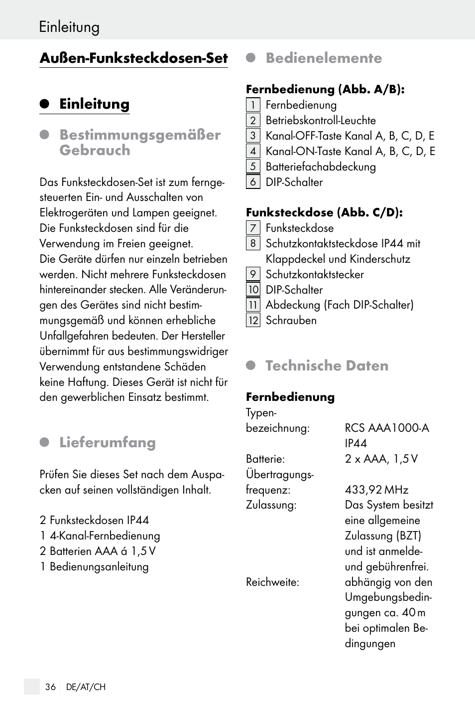 Einleitung, Lieferumfang, Bedienelemente | Technische daten | Silvercrest WIRELESS SOCKET SET User Manual | Page 36 / 45