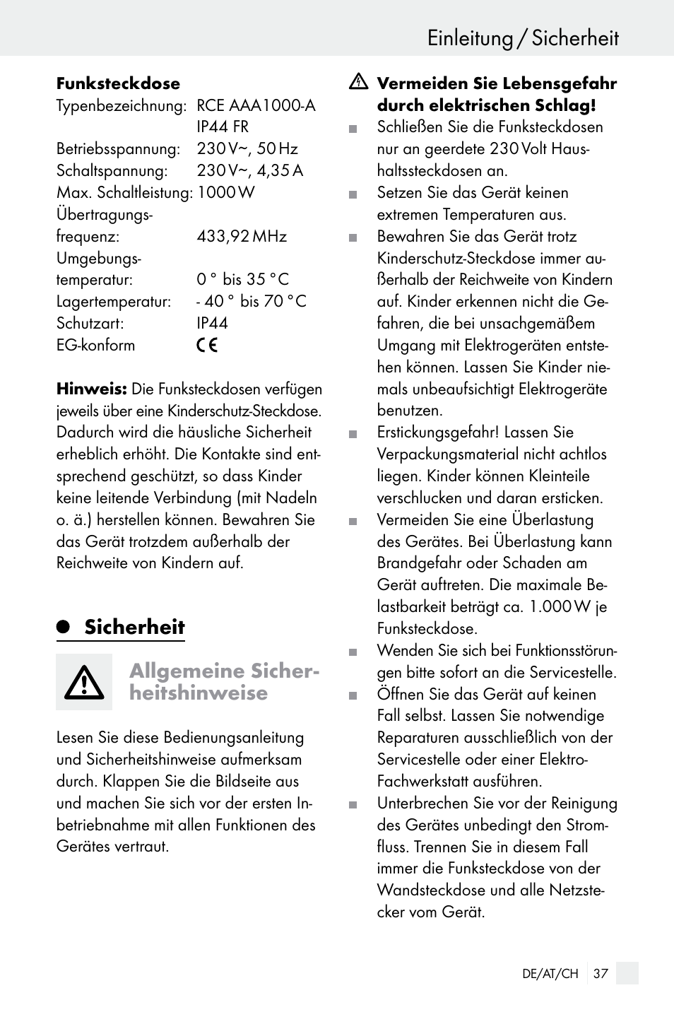 Einleitung / sicherheit, Sicherheit allgemeine sicher- heitshinweise | Silvercrest WIRELESS SOCKET SET User Manual | Page 37 / 45