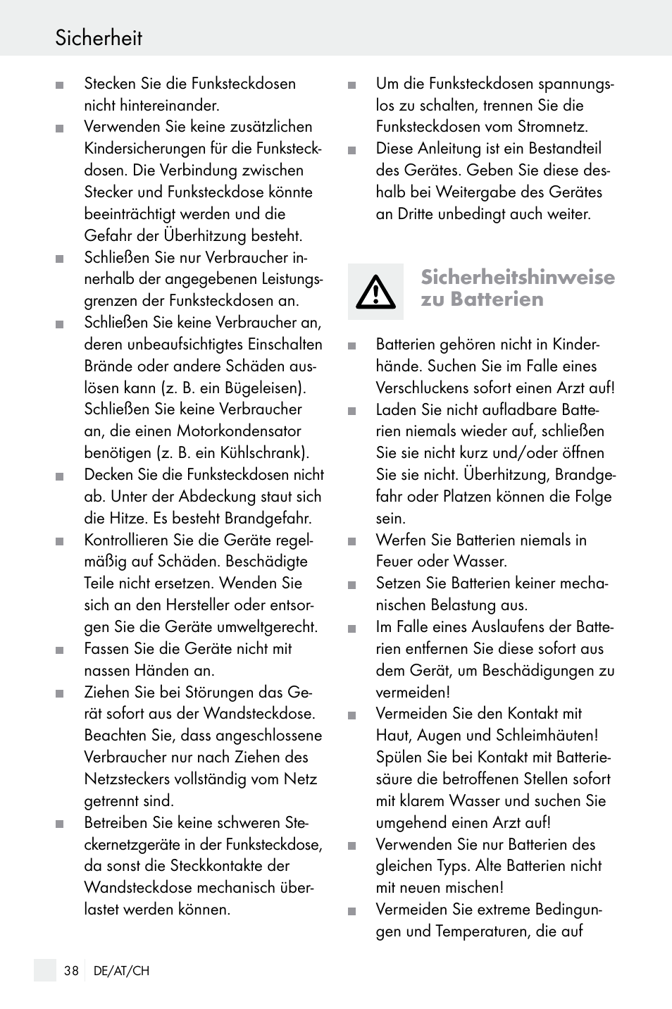 Sicherheit, Sicherheitshinweise zu batterien | Silvercrest WIRELESS SOCKET SET User Manual | Page 38 / 45