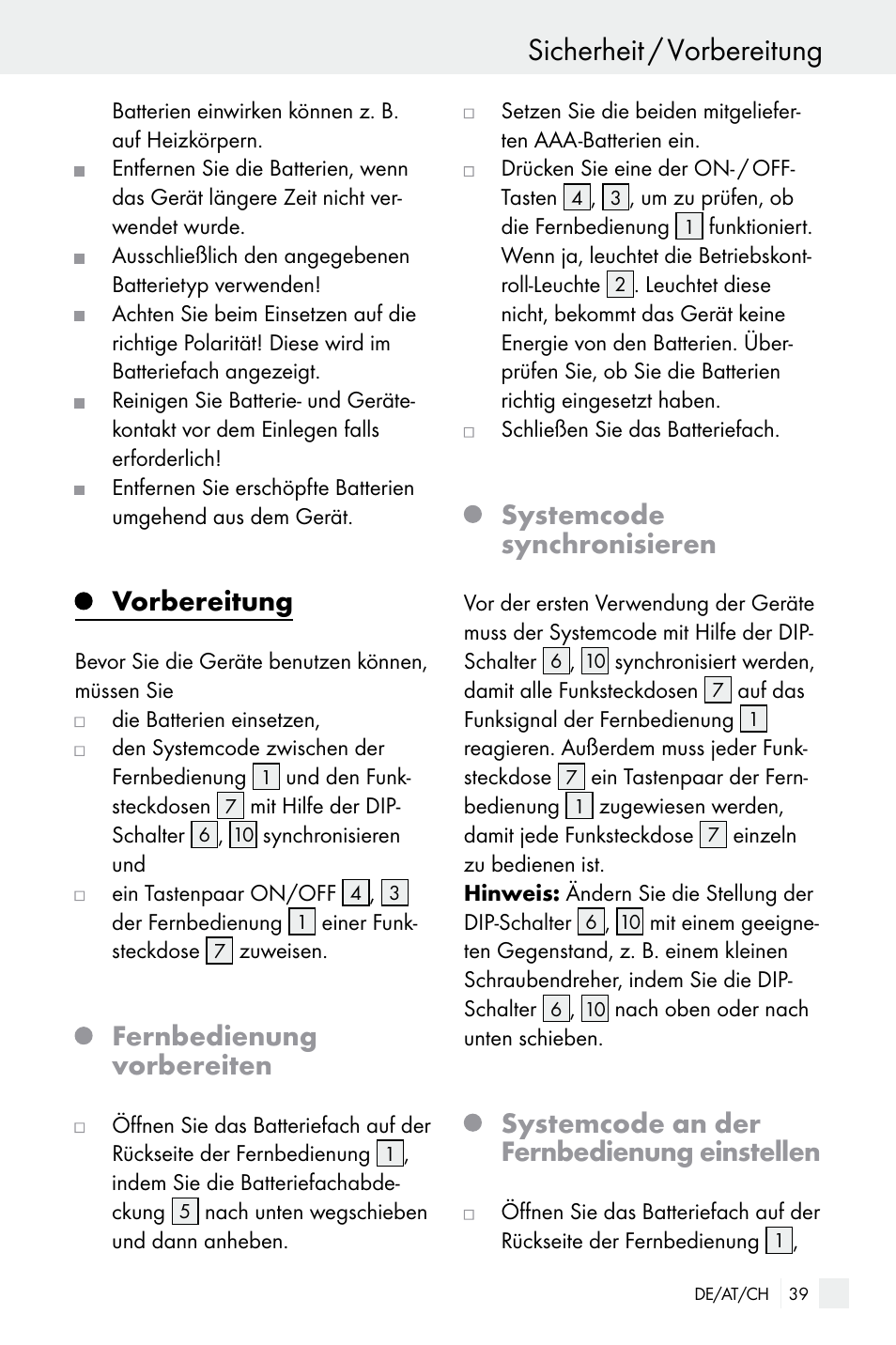 Sicherheit / vorbereitung, Vorbereitung, Fernbedienung vorbereiten | Systemcode synchronisieren, Systemcode an der fernbedienung einstellen | Silvercrest WIRELESS SOCKET SET User Manual | Page 39 / 45