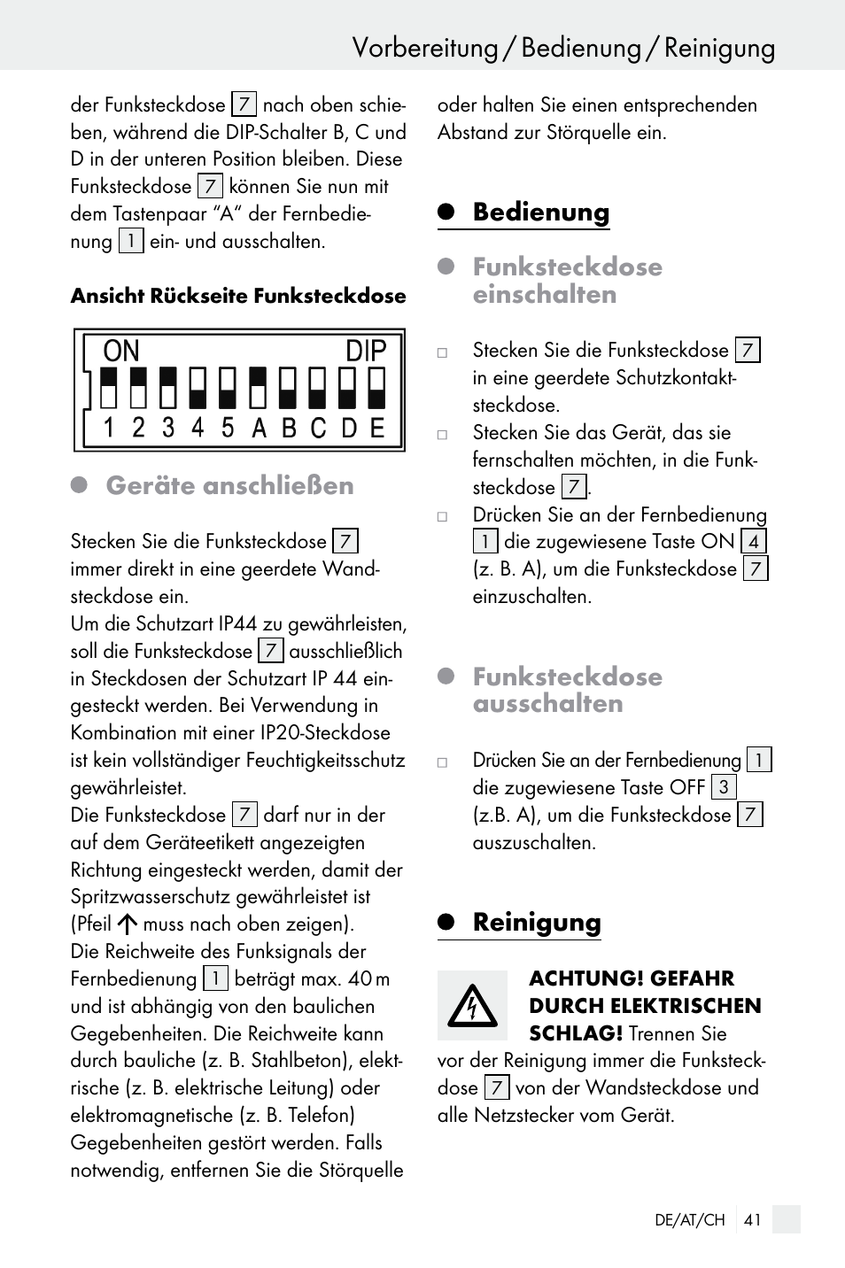 Vorbereitung / bedienung / reinigung, Geräte anschließen, Bedienung funksteckdose einschalten | Funksteckdose ausschalten, Reinigung | Silvercrest WIRELESS SOCKET SET User Manual | Page 41 / 45