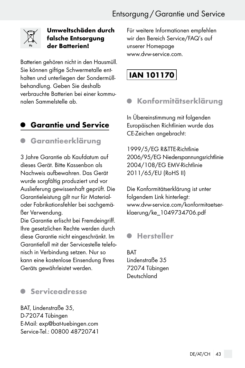 Entsorgung / garantie und service, Garantie und service garantieerklärung, Serviceadresse | Hersteller | Silvercrest WIRELESS SOCKET SET User Manual | Page 43 / 45
