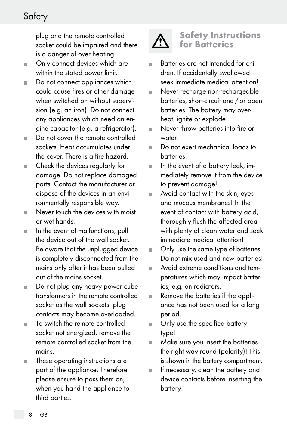 Safety, Safety instructions for batteries | Silvercrest WIRELESS SOCKET SET User Manual | Page 8 / 45