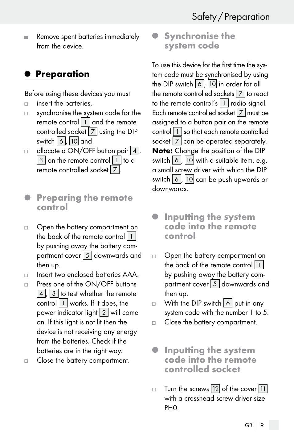 Safety / preparation, Preparation, Preparing the remote control | Synchronise the system code, Inputting the system code into the remote control | Silvercrest WIRELESS SOCKET SET User Manual | Page 9 / 45