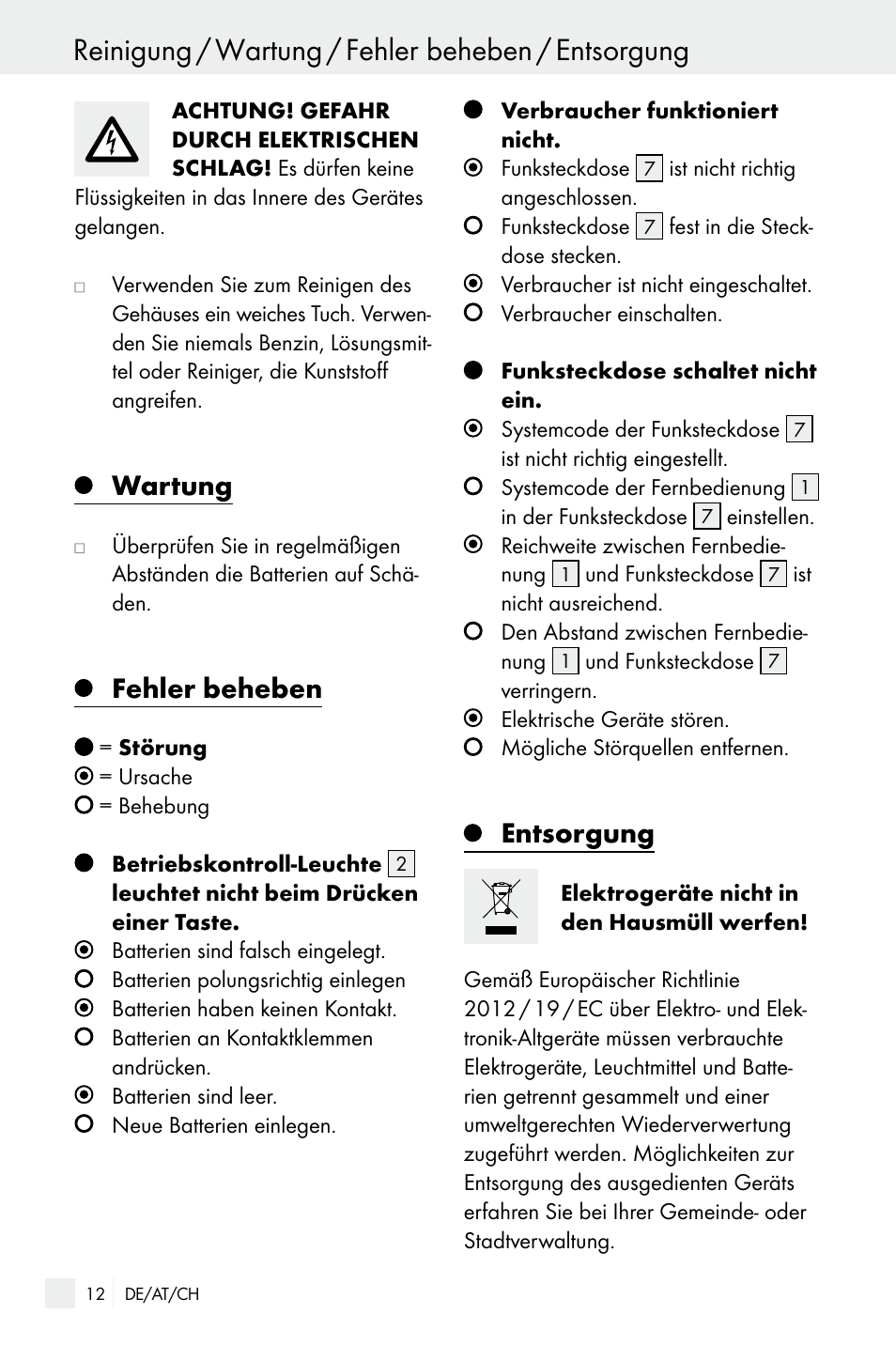 Reinigung / wartung / fehler beheben / entsorgung, Wartung, Fehler beheben | Entsorgung | Silvercrest WIRELESS SOCKET SET User Manual | Page 12 / 45