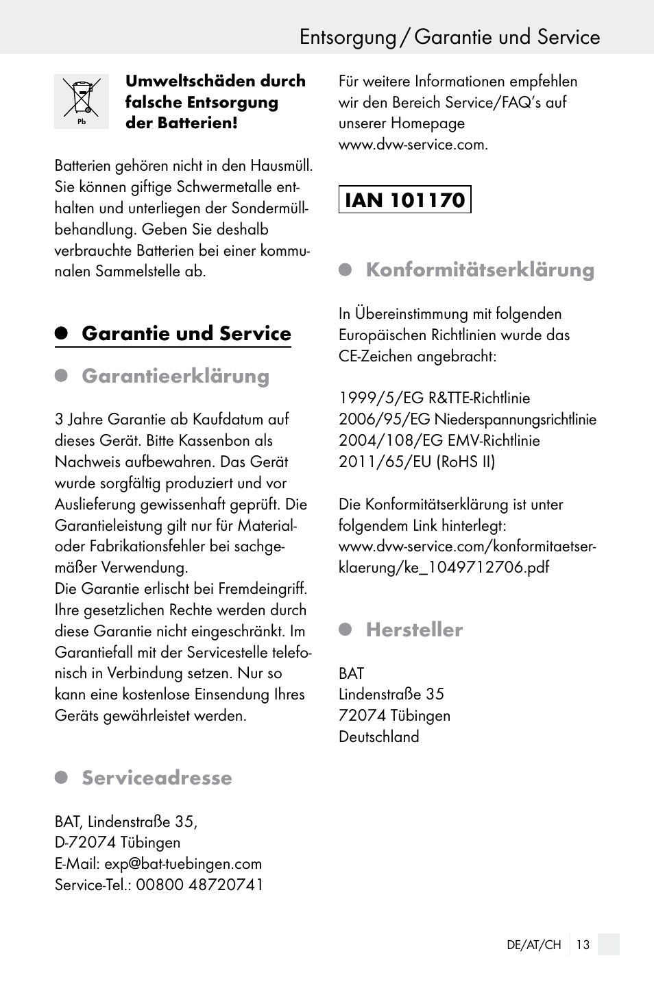 Entsorgung / garantie und service, Garantie und service garantieerklärung, Serviceadresse | Hersteller | Silvercrest WIRELESS SOCKET SET User Manual | Page 13 / 45