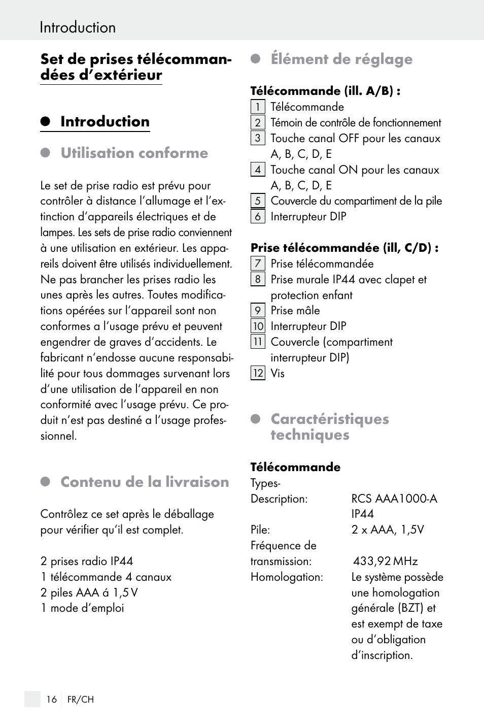 Introduction, Contenu de la livraison, Élément de réglage | Caractéristiques techniques | Silvercrest WIRELESS SOCKET SET User Manual | Page 16 / 45