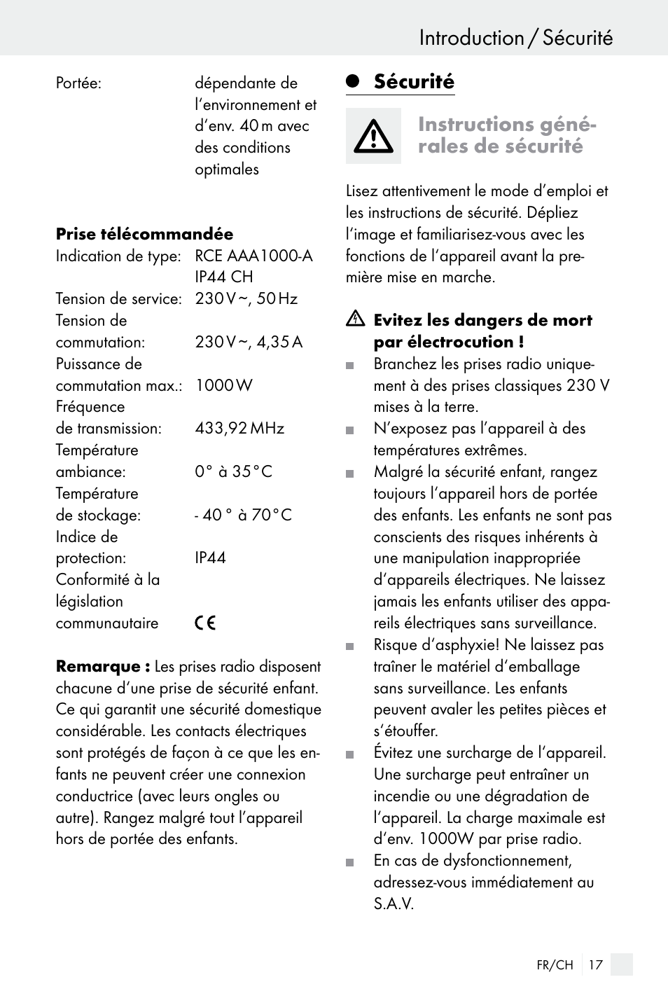 Introduction / sécurité, Sécurité instructions géné- rales de sécurité | Silvercrest WIRELESS SOCKET SET User Manual | Page 17 / 45