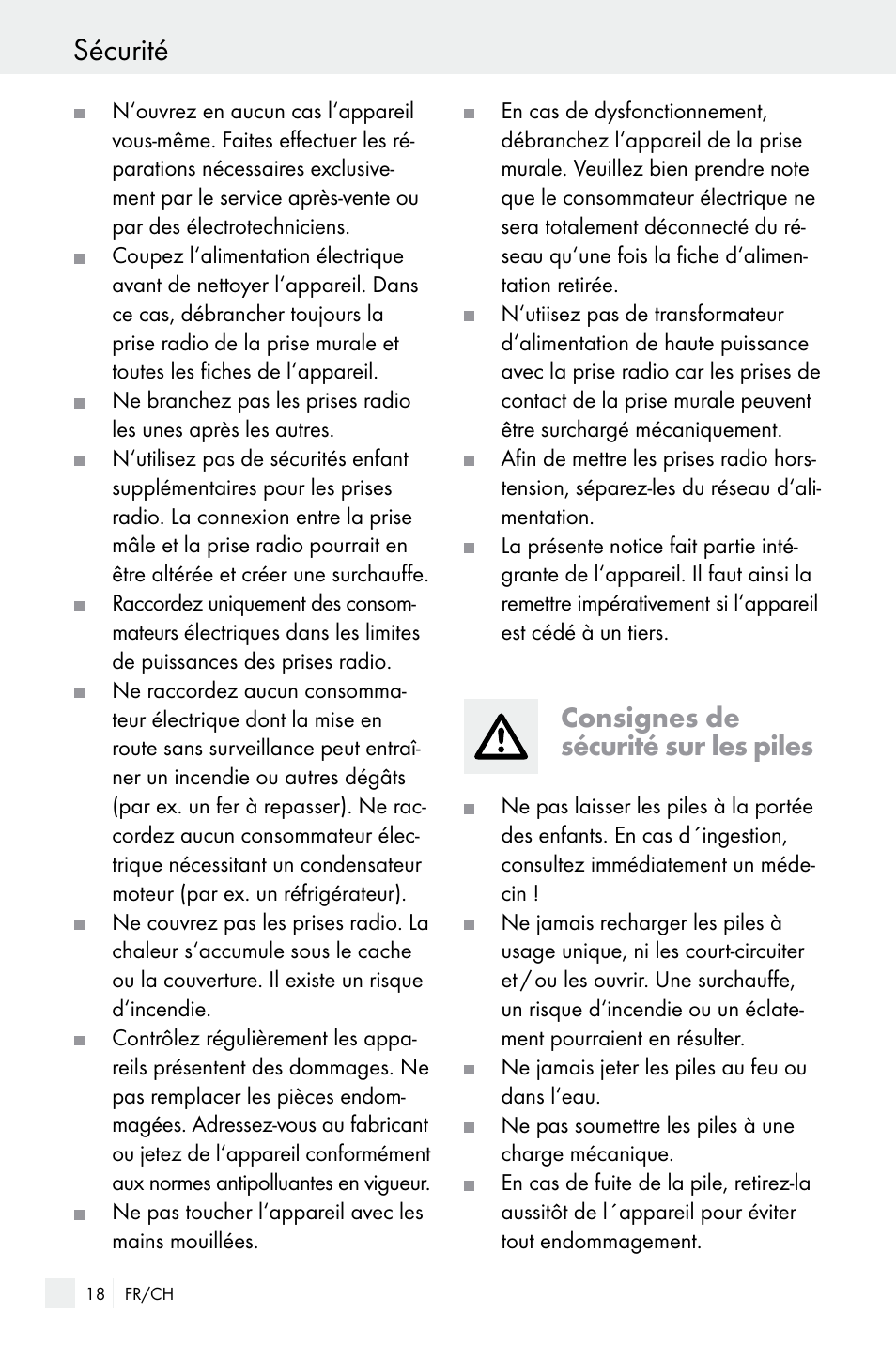 Sécurité, Consignes de sécurité sur les piles | Silvercrest WIRELESS SOCKET SET User Manual | Page 18 / 45