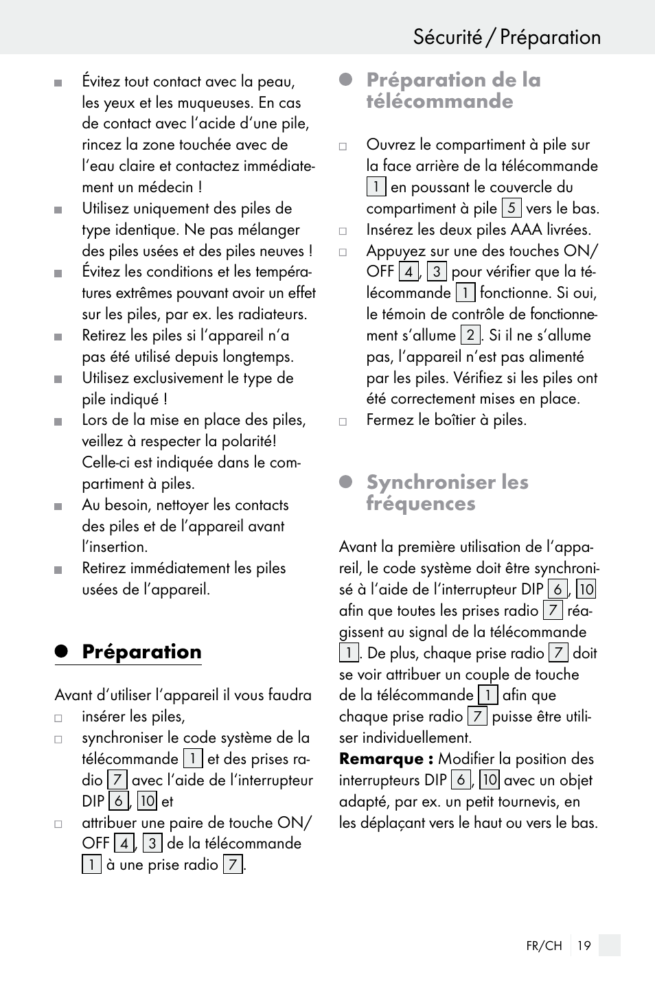 Sécurité / préparation, Préparation, Préparation de la télécommande | Synchroniser les fréquences | Silvercrest WIRELESS SOCKET SET User Manual | Page 19 / 45