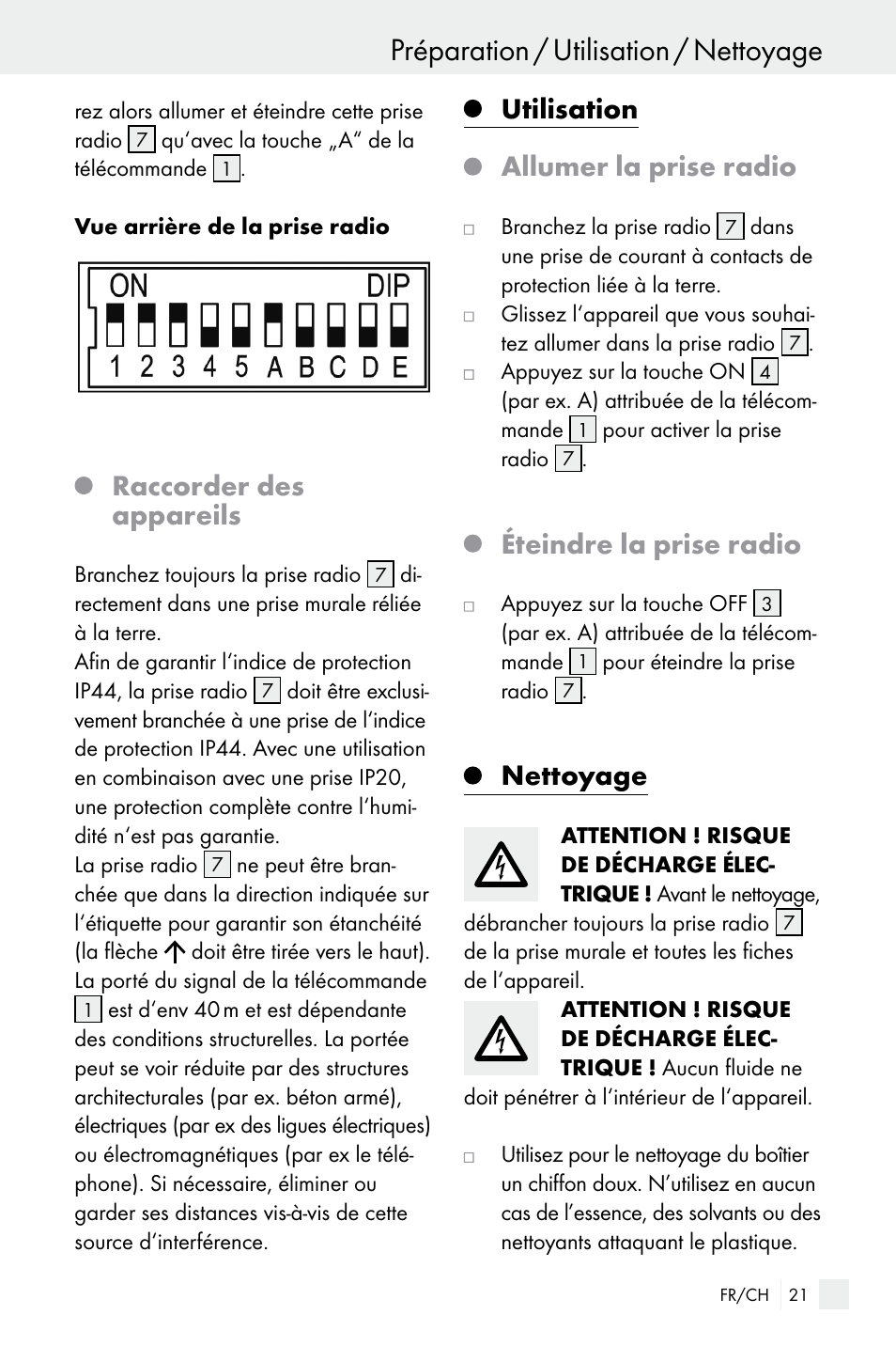 Préparation / utilisation / nettoyage, Raccorder des appareils, Utilisation allumer la prise radio | Éteindre la prise radio, Nettoyage | Silvercrest WIRELESS SOCKET SET User Manual | Page 21 / 45