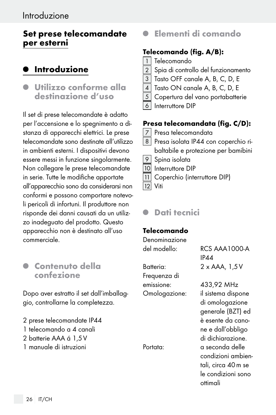 Introduzione, Contenuto della confezione, Elementi di comando | Dati tecnici | Silvercrest WIRELESS SOCKET SET User Manual | Page 26 / 45