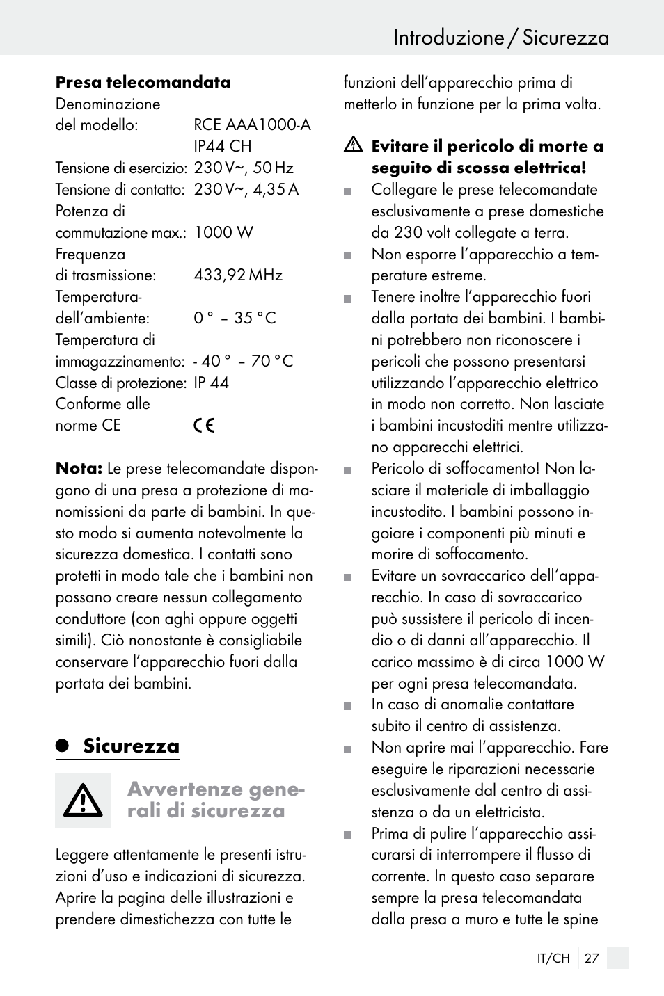Introduzione / sicurezza, Sicurezza avvertenze gene- rali di sicurezza | Silvercrest WIRELESS SOCKET SET User Manual | Page 27 / 45